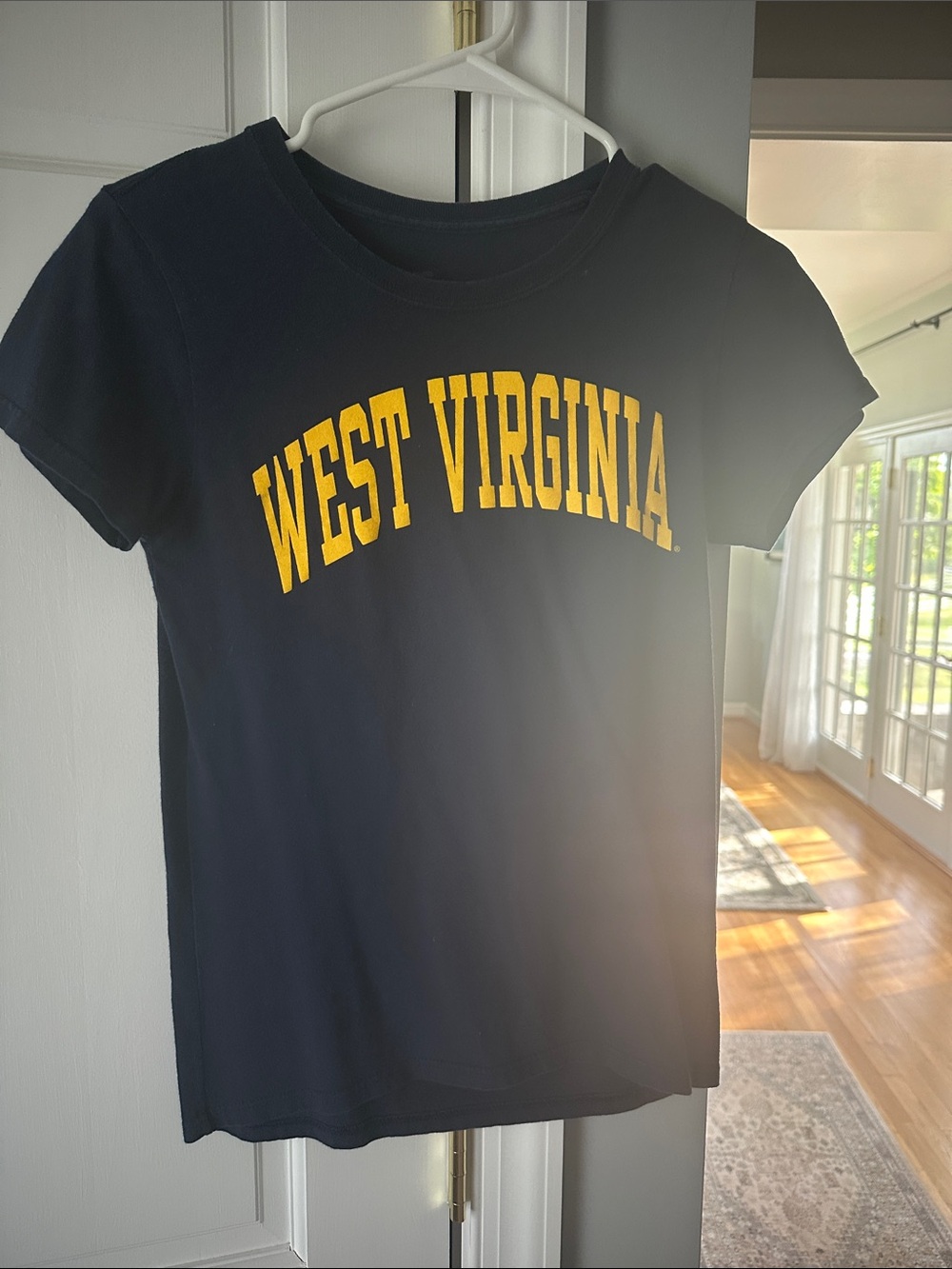 Fanatics Navy Tee with Gold WEST VIRGINIA Arch - Women's